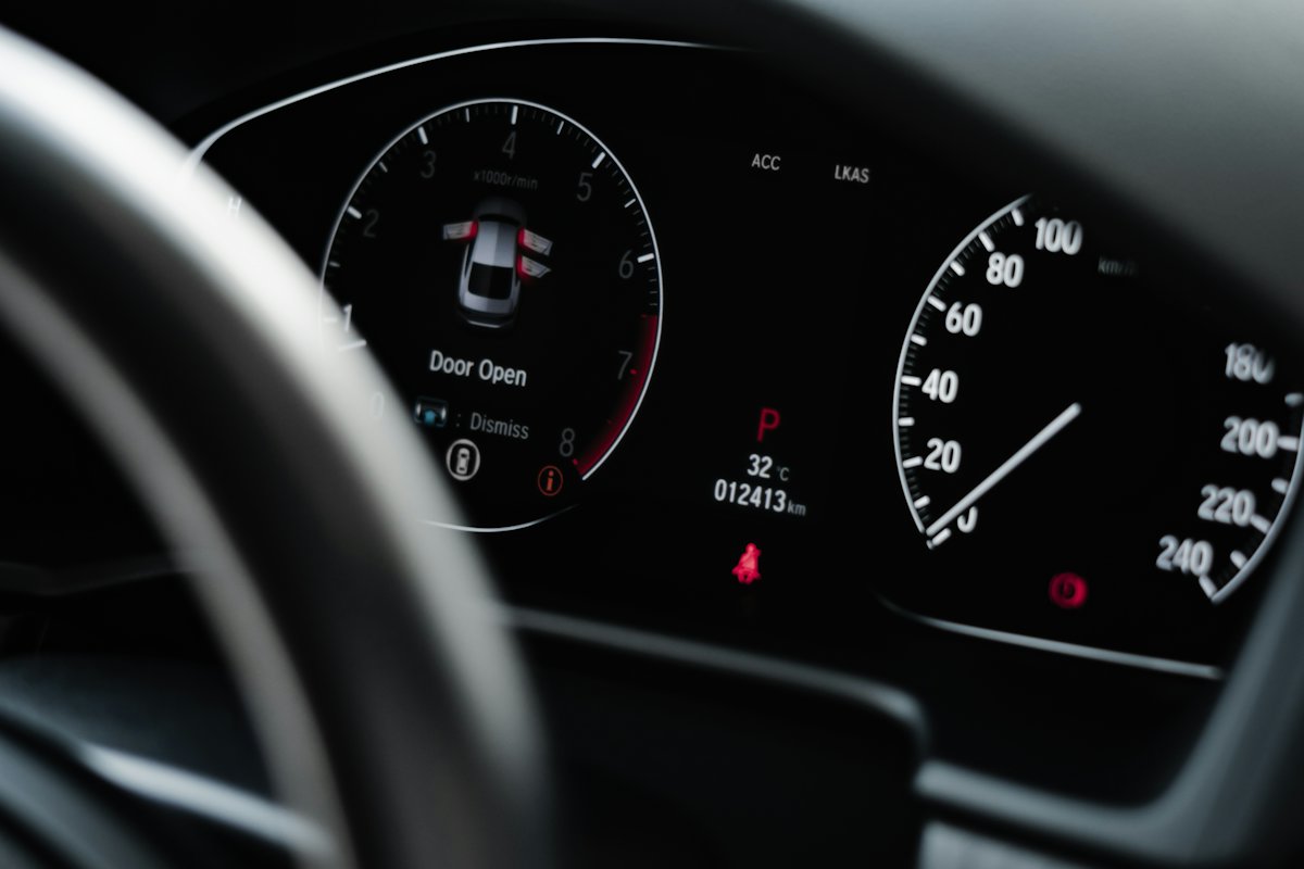 Modern car dashboard dials in low light