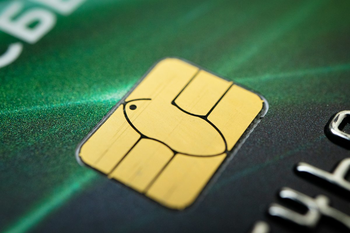 Macro close-up of a gold card chip