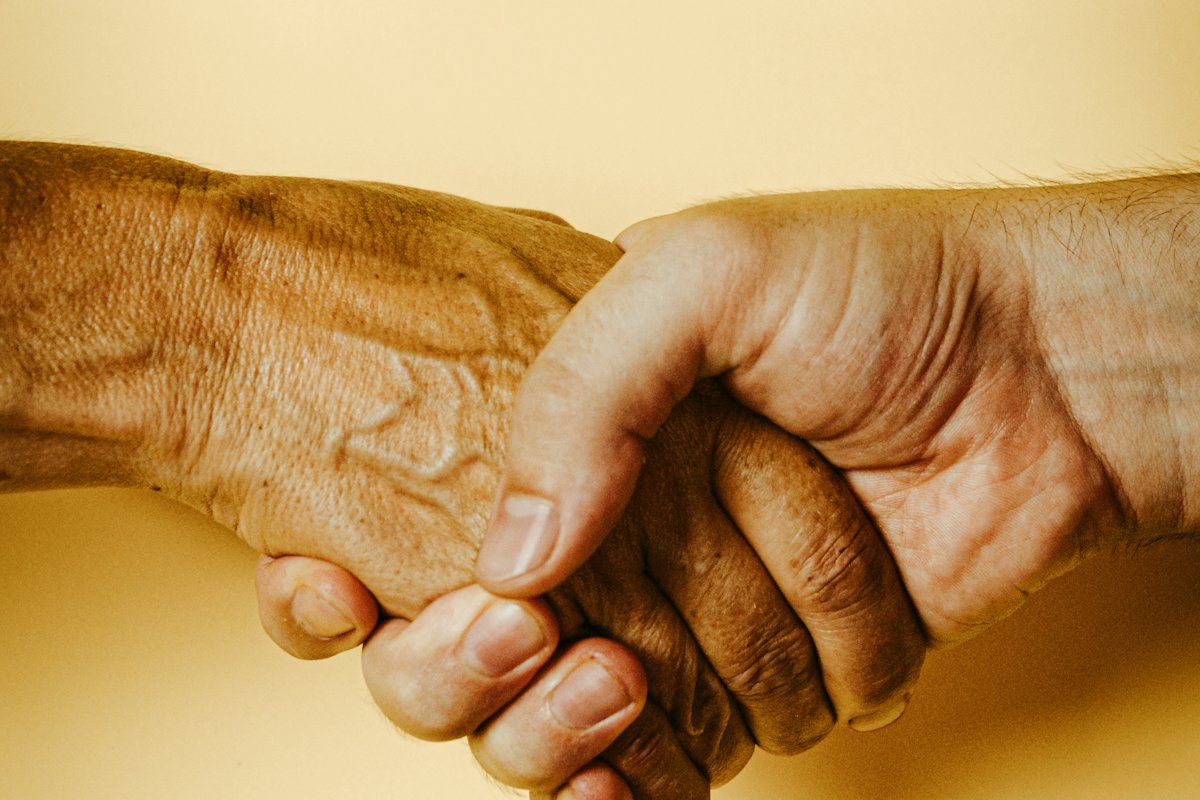 Two hands clasped together in warm light