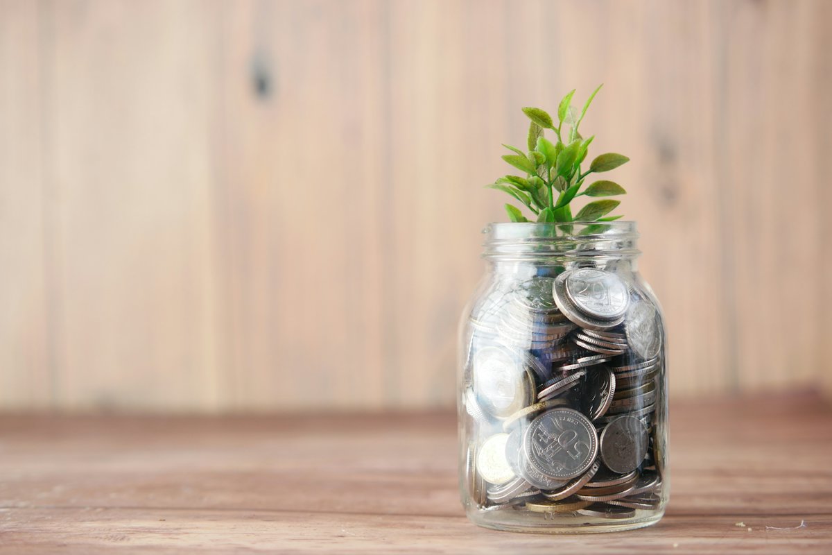Glass jar of coins with a small plant growing from it