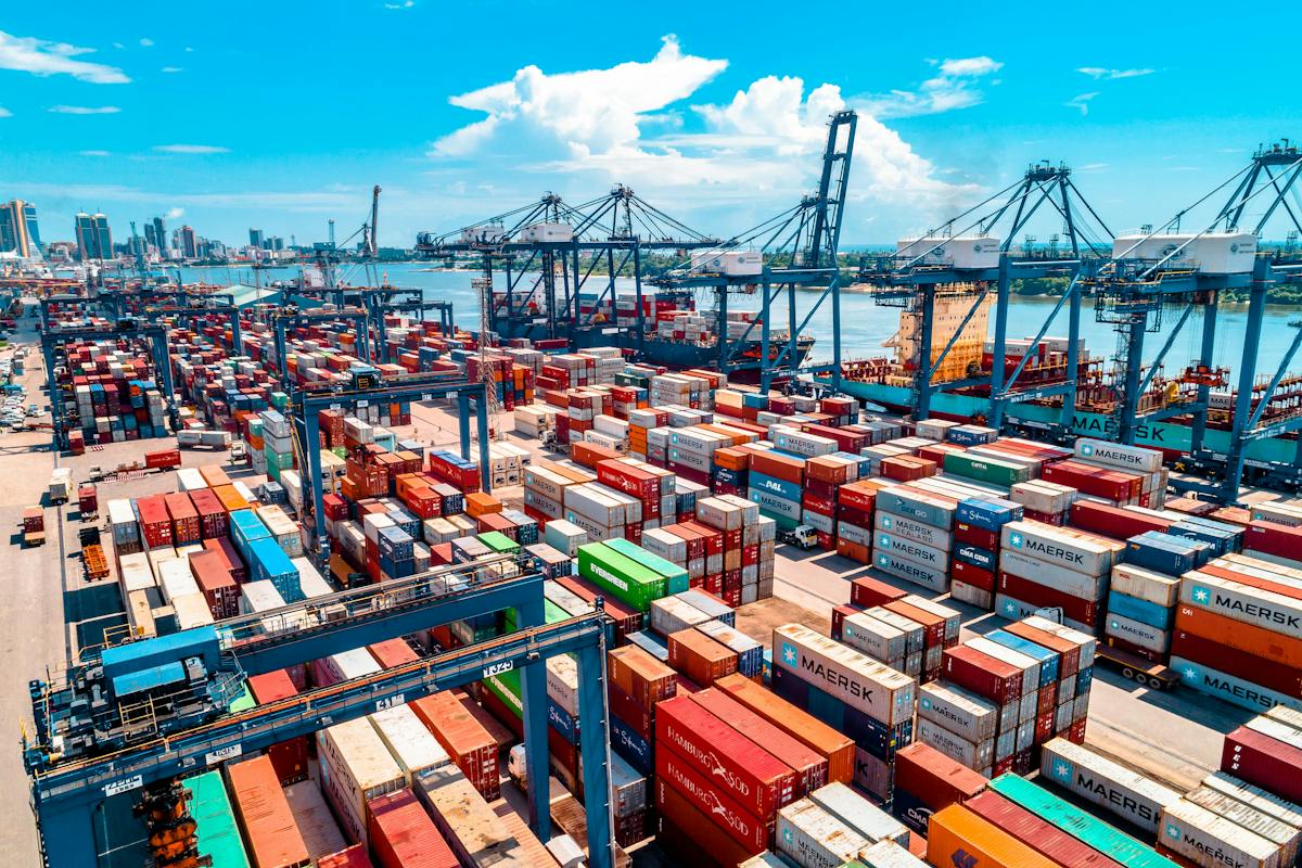 Busy container port with cranes