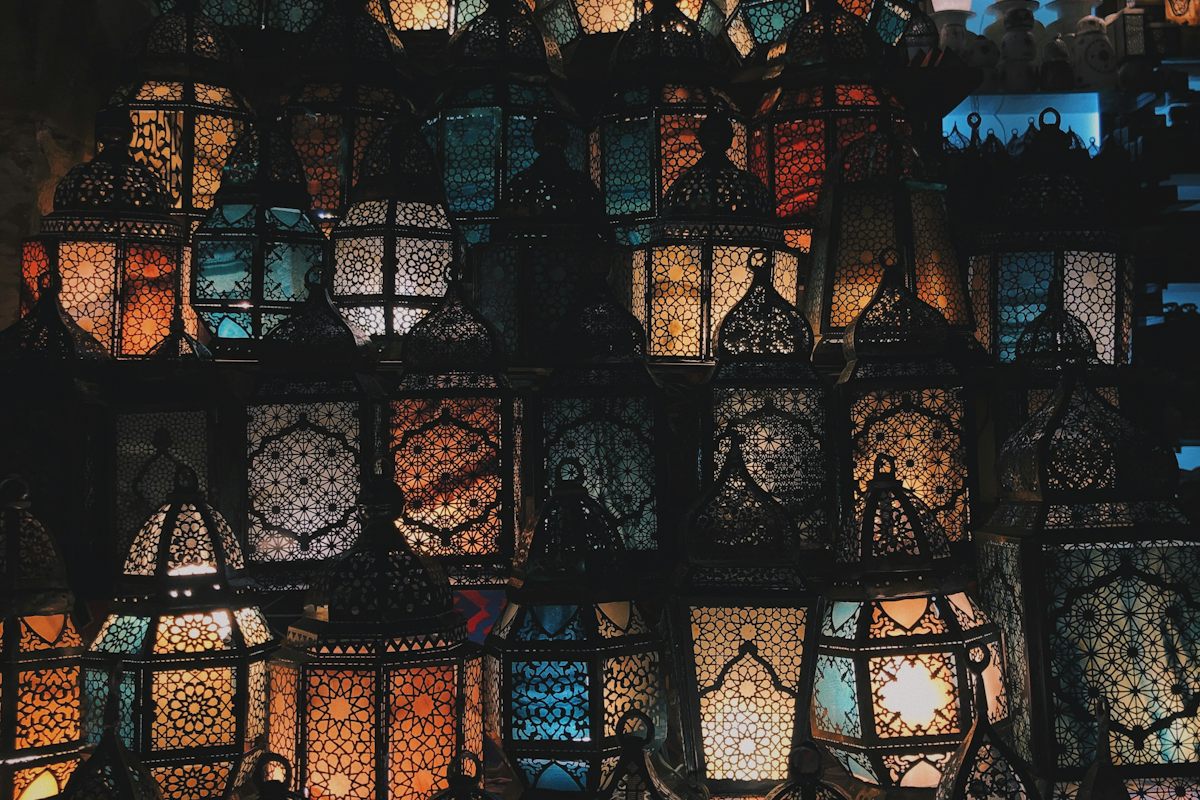 Wall of colourful lanterns in a market