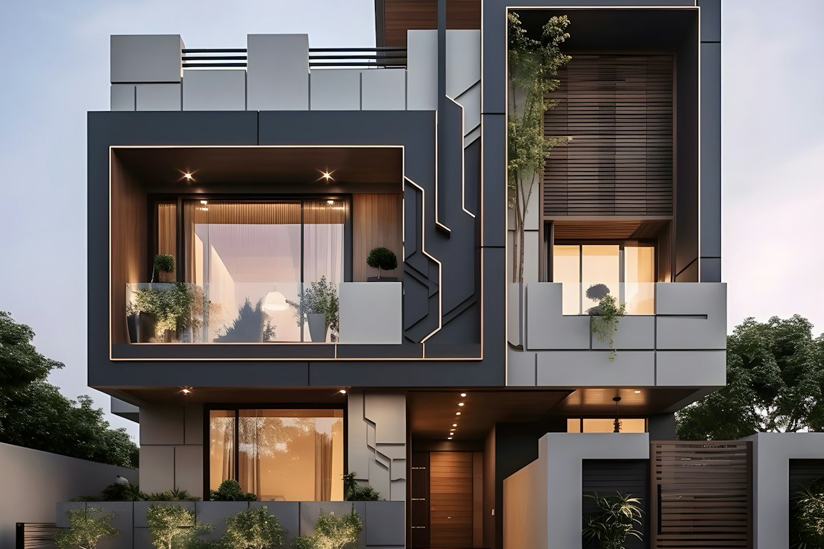 Modern multi-storey townhouse at dusk