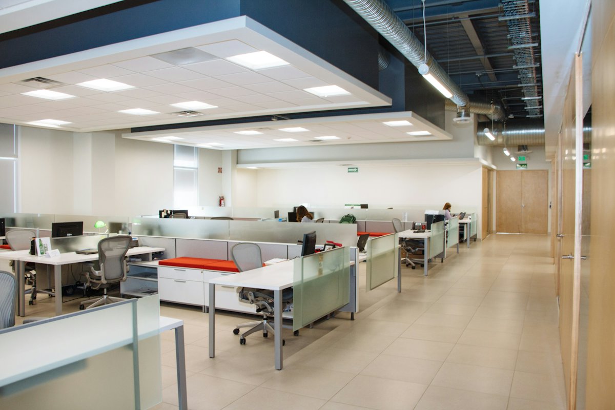 Rows of office workstations in a bright room