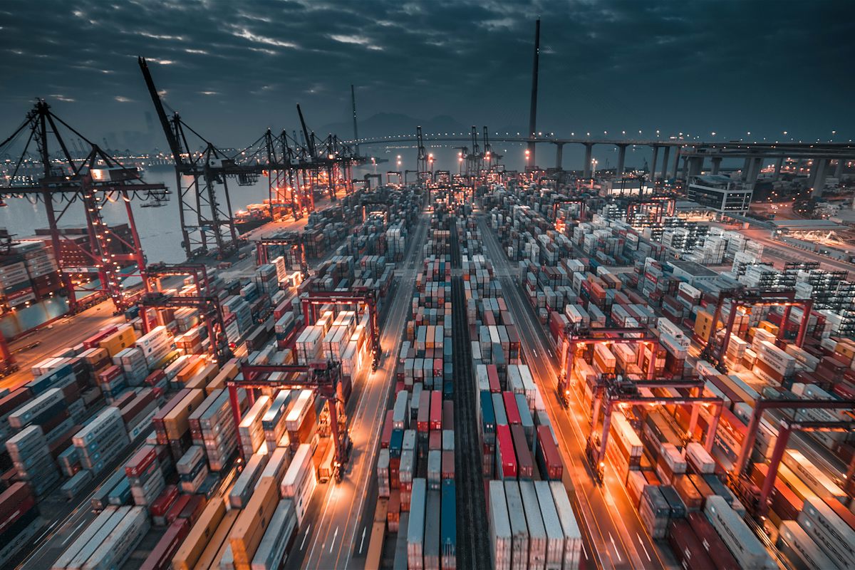 Container port lit at night