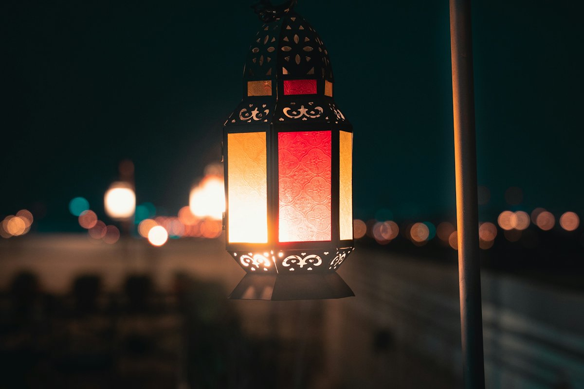 Glowing Ramadan lantern at night