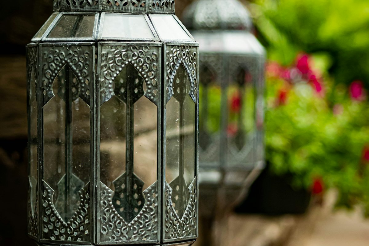 Silver lantern in a garden