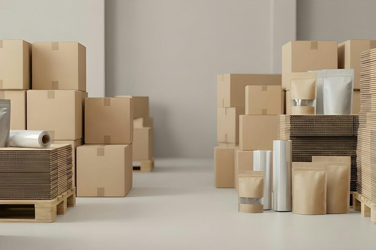 Cardboard boxes and packing supplies in a storeroom
